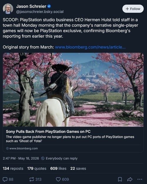 Jason Schreier Bluesky 发布 PS5 独占内容