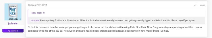 Jason Schreier 在游戏奖颁奖典礼上评论《上古卷轴 6》（图片来源：截图，ResetEra 论坛）