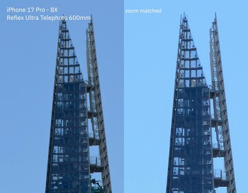 iPhone 17 Pro - 使用 300-600mm 镜头的 24 倍无损变焦（左）与 24 倍数码变焦（右）。
