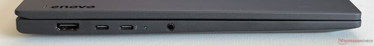 左侧:HDMI 2.1、USB-C 3.2 Gen.1(5 Gbps,DisplayPort 1.2,电源传输)、支持 Thunderbolt 4 的 USB-C 4.0(40 Gbps,DisplayPort 2.1,电源传输)、3.5 毫米立体声接口