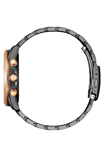 西铁城Eco-Drive BY1036-53L的侧视图,展示了其玫瑰金表圈、表冠和按钮,以及黑色表链