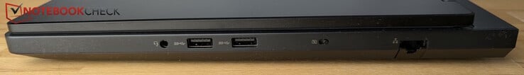 右侧:3.5 毫米耳机插孔、2× USB-A(5 Gbps)、网络摄像头快门、局域网