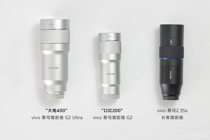 三款 Vivo 长焦转换器的尺寸对比显示，新的 2.35x 型号要小得多。