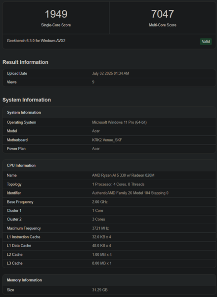 Ryzen AI 5 330 Geekbench 列表（图片来源：Geekbench）