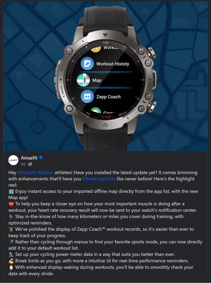 Amazfit Falcon 智能手表最新更新的更改日志。(图片来源：Amazfit）