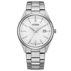Citizen BM1350-54A Eco-Drive 正装腕表,配有银白色表盘、镶嵌式棒形时标、多芬式指针、3点钟位置日期窗以及不锈钢一体式表链。