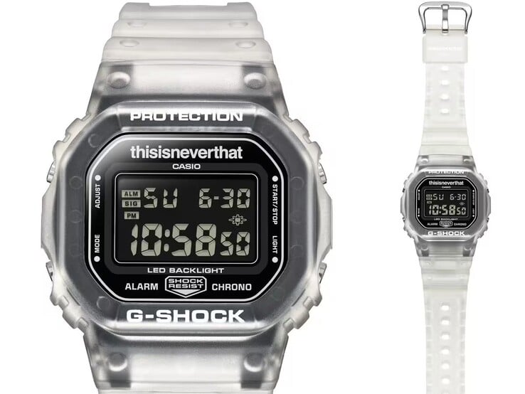卡西欧G-Shock DW-5600TNT-7的正面视图,展示了其倒置的液晶显示屏和半透明表圈。