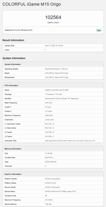 RTX 5060 笔记本电脑 Geekbench OpenCL 得分（图片来源：Geekbench）