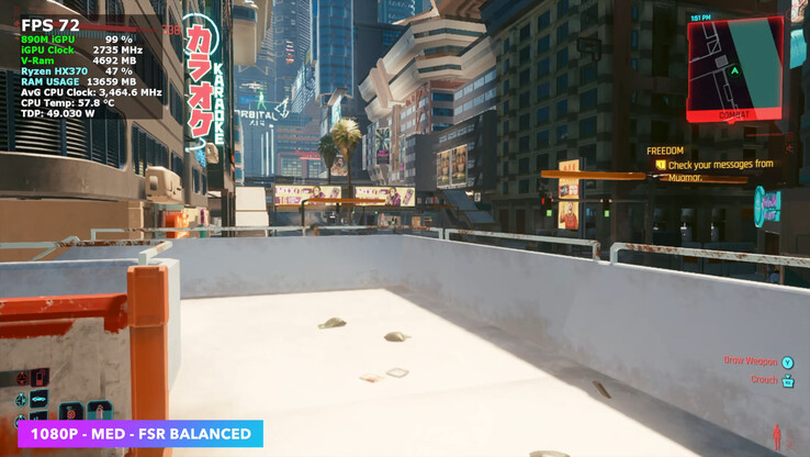 赛博朋克 2077》在 AceMagic Retro X5 上以中等设置和 FSR 平衡模式运行，平均帧数稳定在 70 FPS。