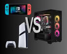PC 与游戏机游戏对比图（图片来源：任天堂美国公司、索尼 PlayStation、Corsair Gaming（有编辑）：任天堂美国公司、索尼 PlayStation、Corsair Gaming（经编辑）