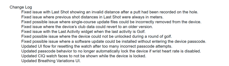 Garmin Approach S44 和 S50 手表系统软件 6.58 的发布说明。(图片来源：Garmin）