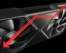 Nvidia RTX 5090 GPU，向下箭头表示性能下降。