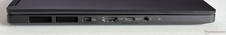 左侧：电源接口、HDMI 2.1 FRL、USB-C 4.0（40 Gbps，DisplayPort，电源传输）、3.5 毫米耳机插孔