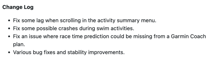 Garmin 先行者 255 软件 27.09 版更新日志。(图片来源：Garmin）