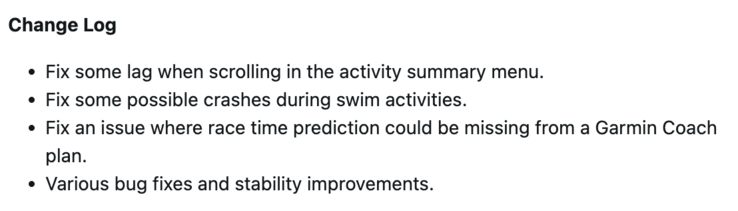 Garmin 先行者 255 软件 27.09 版更新日志。(图片来源：Garmin）