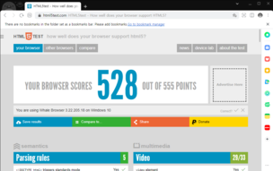 您的浏览器得分 528 分（满分 555 分）（图片来源：html5test.com 的屏幕截图