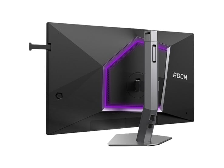 图中展示了AOC Agon Pro AG276UZ游戏显示器的背面,其设计颇具游戏风格,并配有紫色RGB灯效。