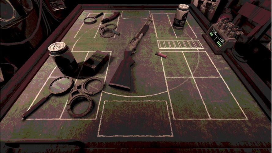 Buckshot Roulette》的截图，展示了游戏中的随机物品。(图片来源：Steam）