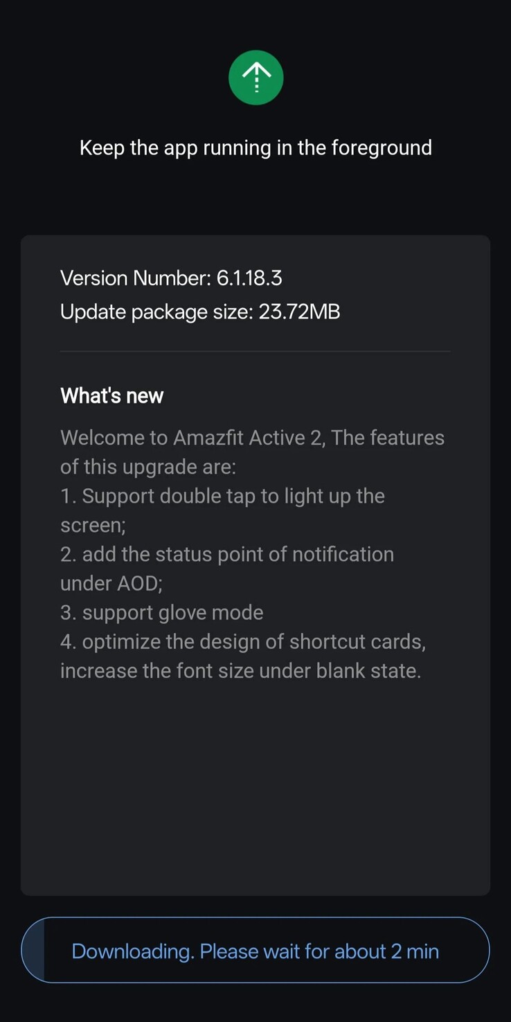 Amazfit Active 2 的 6.1.18.3 版软件发布说明（图片来源：u/cliffr39 via Reddit）