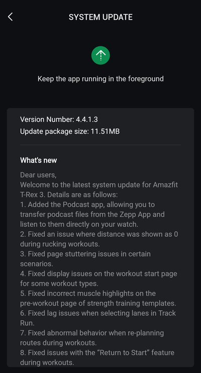 Amazfit T-Rex 3 的 4.4.1.3 版软件发布说明（图片来源：u/Ech0ke via Reddit）
