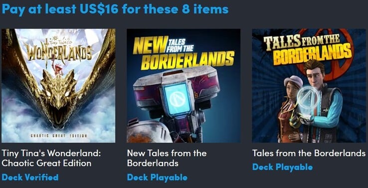 装饰图片。第一层包含 8 款游戏，售价 16 美元（图片来源：Humble Bundle）