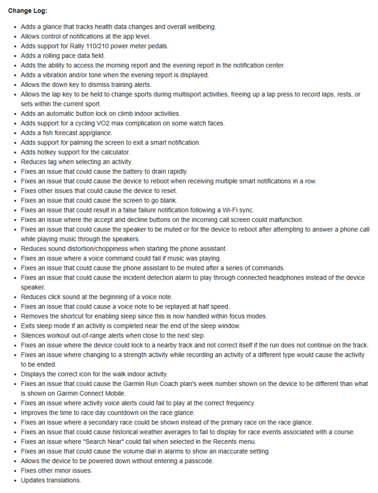 Garmin Forerunner 970 智能手表 15.16 版软件的更改日志。(图片来源：Garmin）