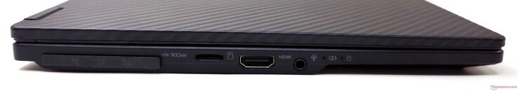 左：ROG XG Mobile 接口、microSD 读卡器、HDMI 2.1 输出、3.5 毫米组合音频插孔