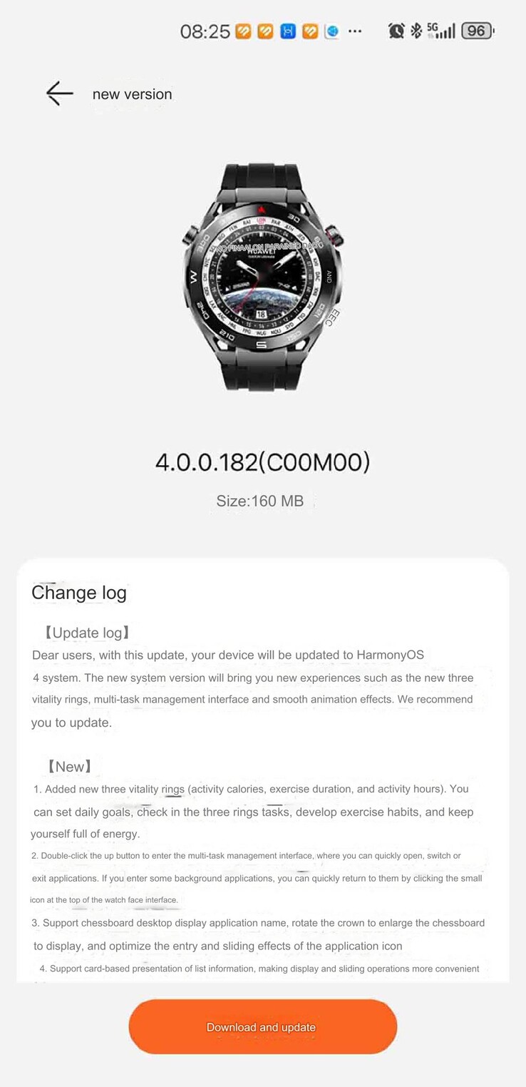华为 Watch Ultimate 软件 4.0.0.182(C00M00) 版本的部分变更日志。(图片来源：Huawei Central via Google Translate）