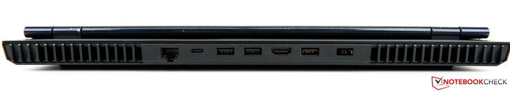 后部。网络/LAN（RJ-45），USB-C 3.2 Gen 2（DisplayPort 1.4和电源），2 x USB-A 3.2 Gen 1，HDMI 2.1，USB-A 3.2 Gen 1，电源接口