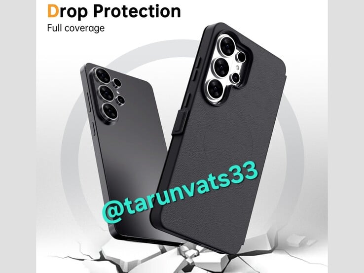 模拟展示Galaxy S26 Ultra 的黑色版本（左）和书本式保护套（右）。(图片来源：Tarun Vats on X）