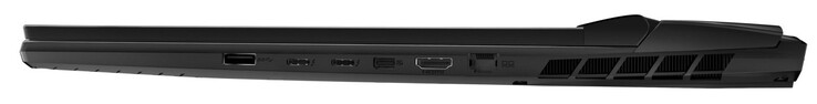 在右边。USB 3.2 Gen 2 (USB-A), 2x Thunderbolt 4 (USB-C; DisplayPort), Mini DisplayPort, HDMI, Gigabit Ethernet