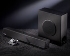 该台式音箱套装在中国市场的售价约为548美元。图为展示 soundbar、低音炮和控制器的宣传图。