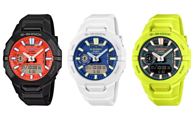 从左至右依次为:卡西欧 G-Shock GBA950-1A4、GBA950-7A2 和 GBA950-9A3 手表
