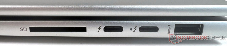 右边：1个超高速USB Type-A 10 Gbit/s，2个带USB 4 Type-C 40 Gbit/s传输速率的雷电4（USB电源，DisplayPort 1.4，HP睡眠和充电），1个SD读卡器