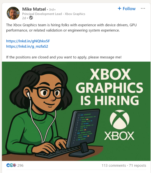 Mike Matsel 在 LinkedIn 上发布的 Xbox 图形职位招聘广告（图片来源：Mike Matsel LinkedIn 账户）