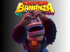 在大金刚 Bananza 徽标下方拍摄的委屈的大金刚（图片来源：任天堂美国公司，有编辑）。
