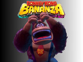 在大金刚 Bananza 徽标下方拍摄的委屈的大金刚（图片来源：任天堂美国公司，有编辑）。