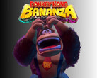 在大金刚 Bananza 徽标下方拍摄的委屈的大金刚（图片来源：任天堂美国公司，有编辑）。