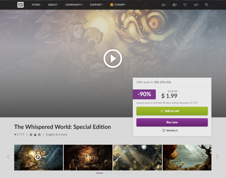 悄悄话世界：特别版》（The Whispered World：特别版》（The Whispered World: Special Edition）现在的折扣价为 1.99 美元，但如果泄露的消息属实，那么它将于欧洲中部时间 12 月 12 日下午 3 点免费。(图片来源：GOG）