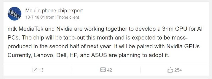 该微博用户称，Nvidia 和联发科很快就会在桌面级处理器领域掀起轩然大波。(图片来源：Mobile Chip Expert via Weibo）