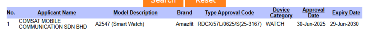 SIRIM 数据库截图，显示一款型号为 A2547 的 Amazfit 智能手表。(图片来源：SIRIM）
