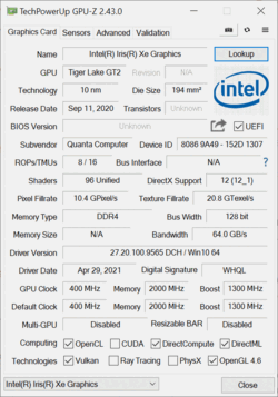 GPU-Z。Intel Iris Xe Graphics G7 (96 EUs)