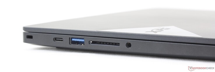 左边：Kensington锁，USB-C 3.2 Gen. 2，USB-A 3 Gen. 1，SD读卡器，3.5毫米音频插孔