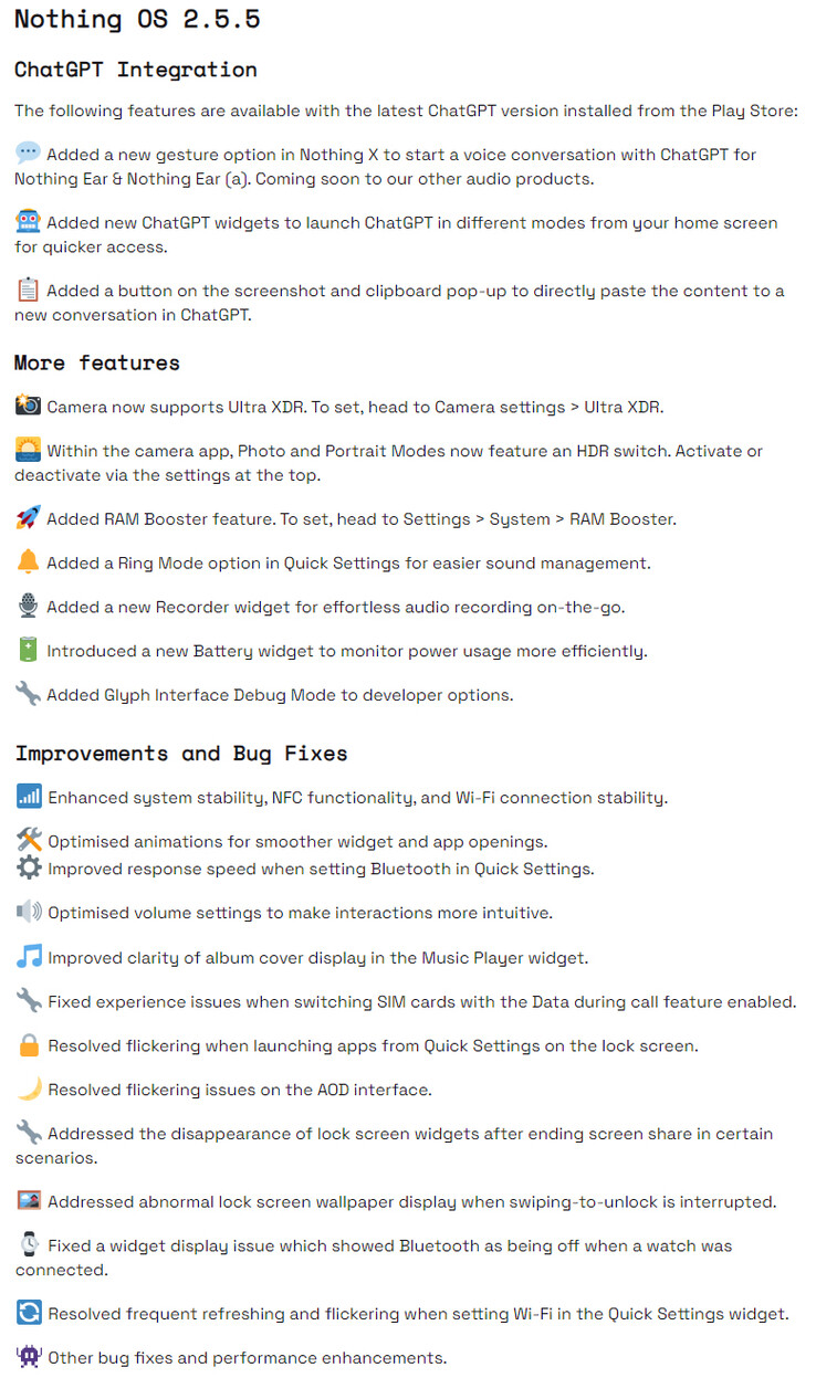 Nothing OS 2.5.5 for Phone 2 完整更新日志（图片来源：Nothing）