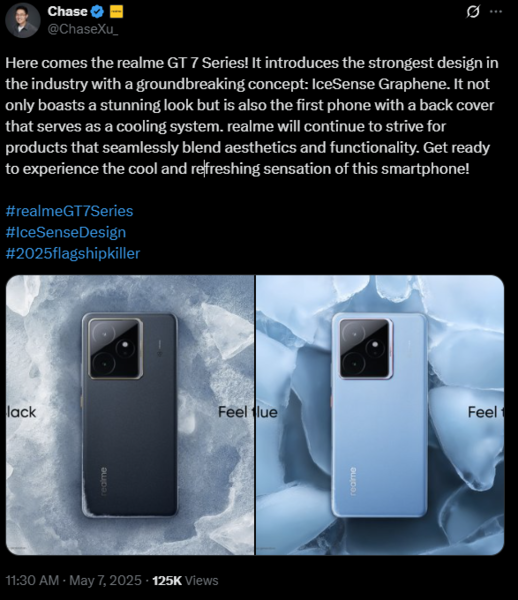Realme GT 7 将配备 IceSense 石墨烯冷却系统。(图片来源：X）