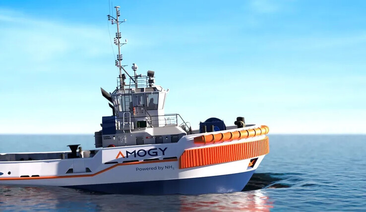展示 Amogy 设计的氨动力拖船的效果图