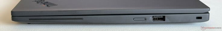 右侧：智能卡读卡器（可选）、nano-SIM 卡槽、USB-A 3.2 Gen 1（5 Gbit/s，常开）、Kensington 锁孔