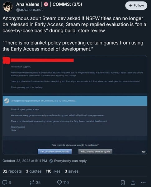Steam 对成人游戏提前访问请求的回复(截图,Ana Valens Bluesky 账户)