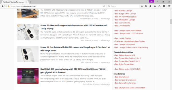 在Windows 10上通过Firefox 48浏览Notebookcheck.net（图片来源：屏幕截图）。