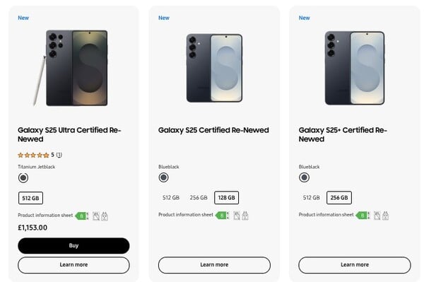 Galaxy S25 系列的颜色和配置在英国的 Certified Re-Newed 计划中提供。(图片来源：三星）